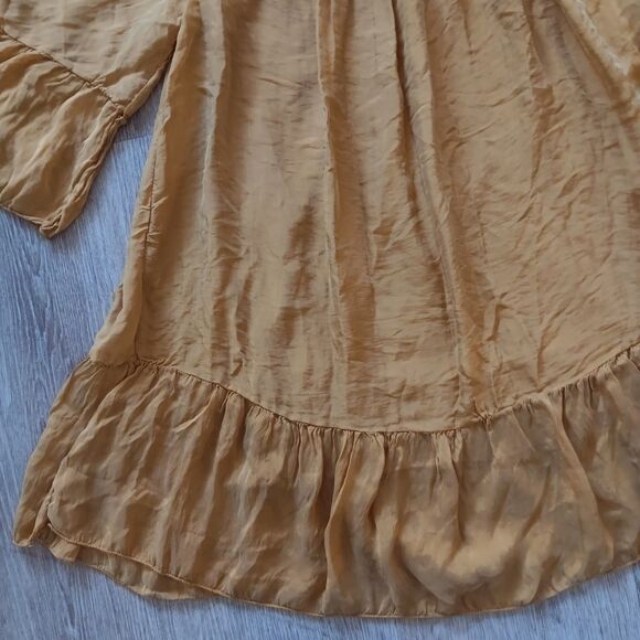 Womens Dress Medium Mini Peasant Bell Sleeve Ruffle Golden Fairy Cottage Beachy - Picture 3 of 10